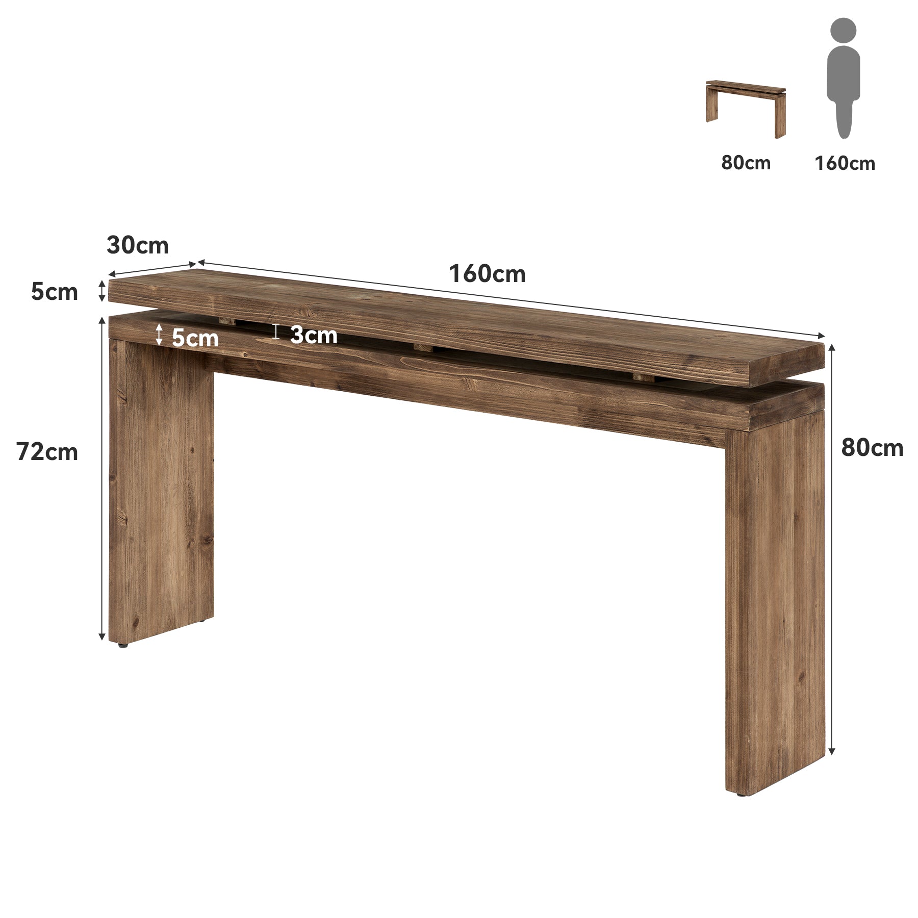 Consolle Country Stretta in Legno Massello, 160 cm, per Ingresso e Soggiorno