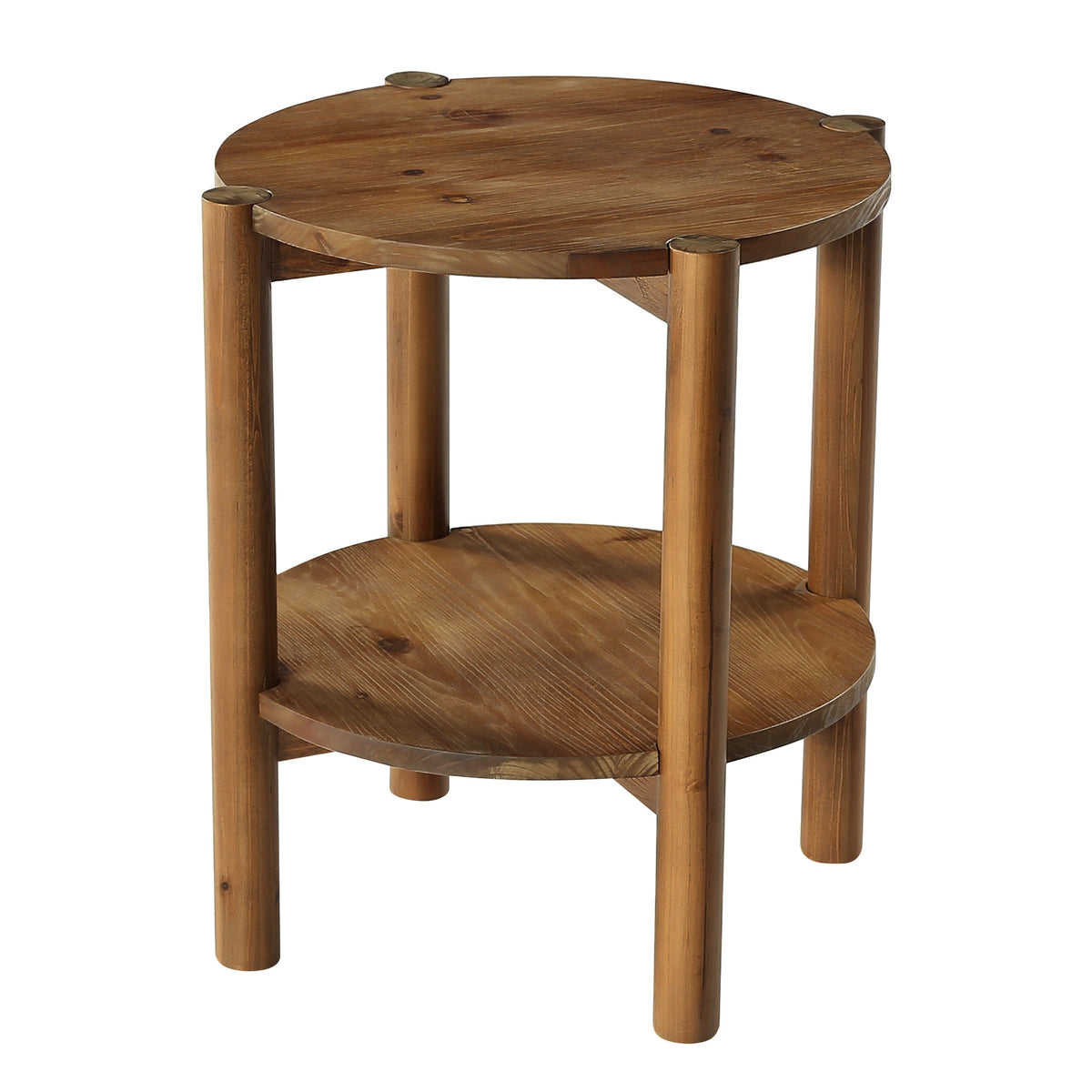 Tavolino Laterale Rotondo Country in Legno Massello con Ripiano, Ø 50 cm, per Camera da Letto