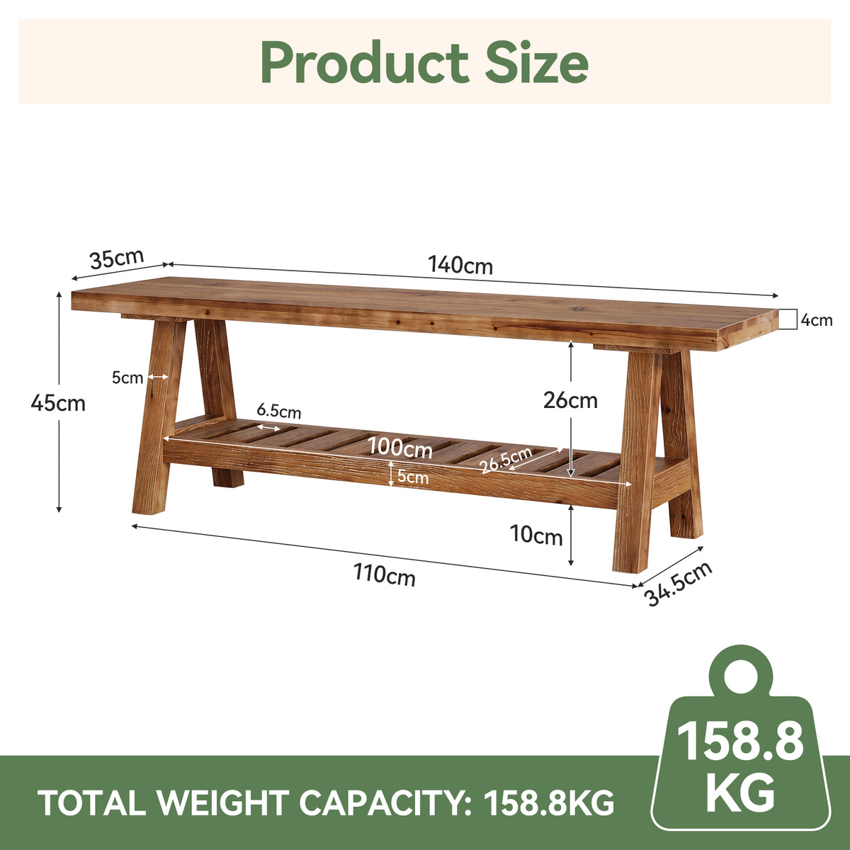 Panca in Legno Massello con Vano Contenitore e Pannello Protettivo, 140 cm