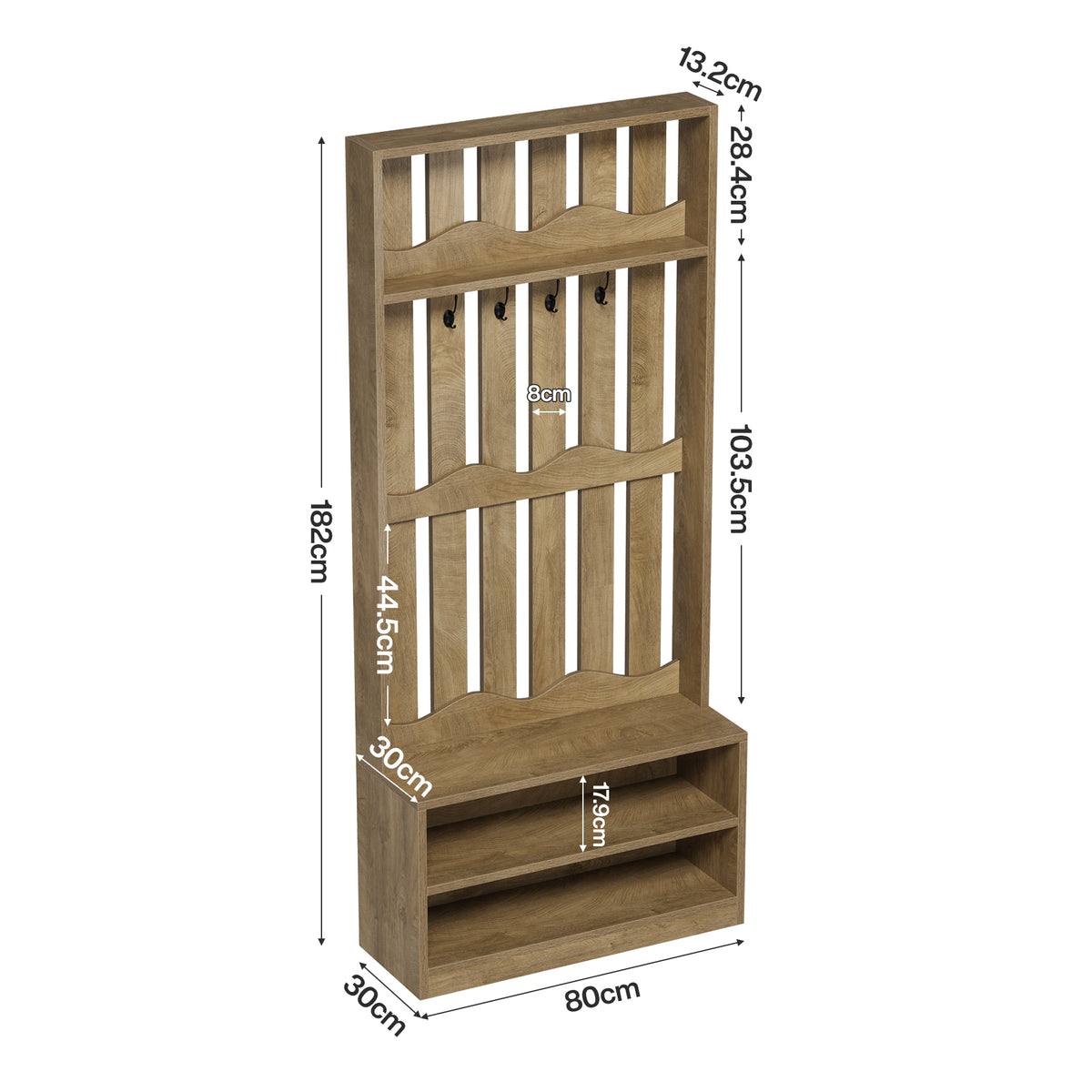 Albero della Sala Country con Panca e 4 Ganci Appendiabiti, H 182 cm