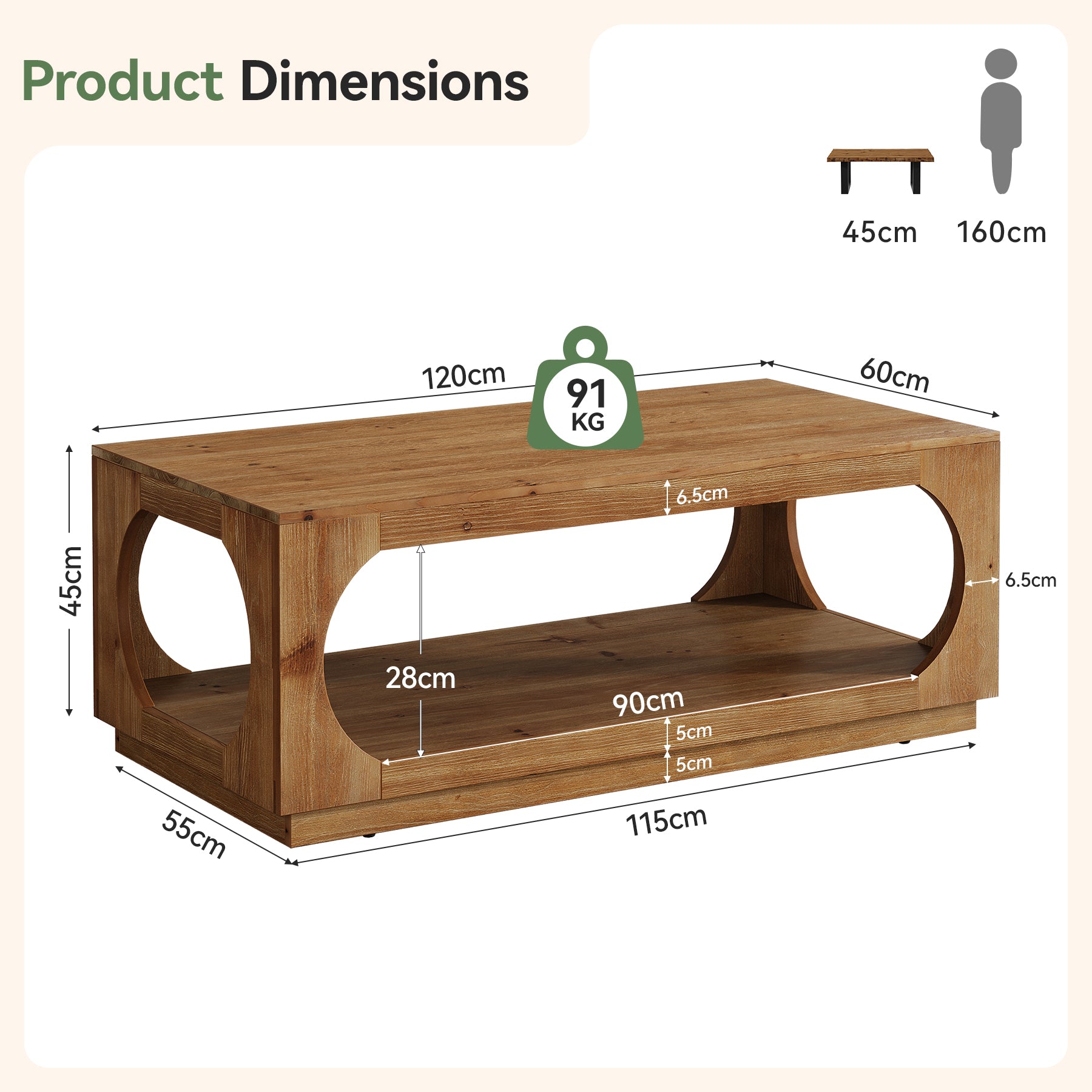 Tavolino da Caffè in Legno Massello, Tavolini da Centro da 120cm a 2 Livelli