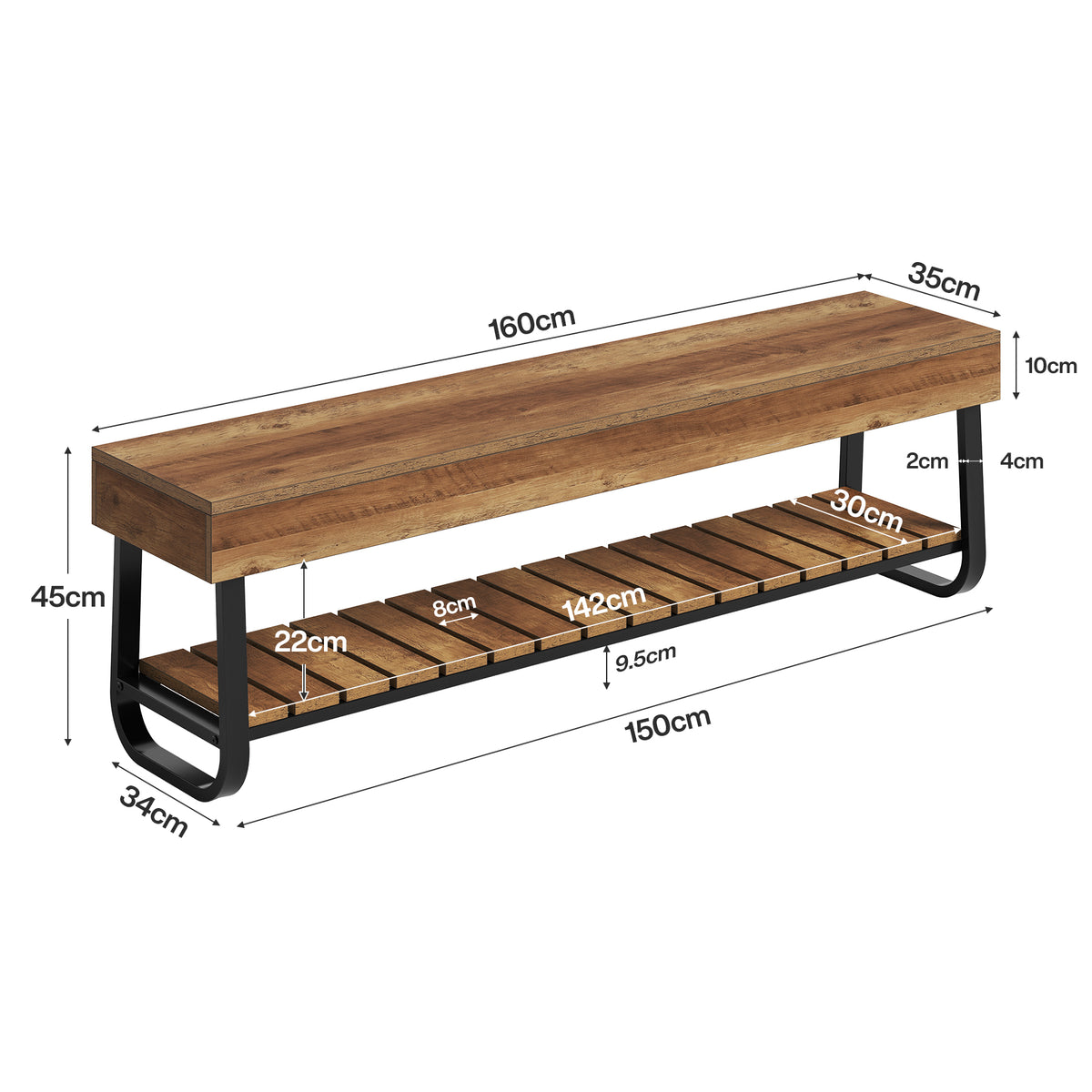 Panca Industriale con Ripiano Portascarpe a Doghe, 160 cm, per 2–3 Persone