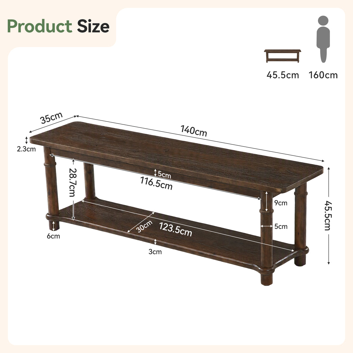 Panca Country in Legno Massello a 2 Ripiani, 140 cm, per Cucina e Sala da Pranzo