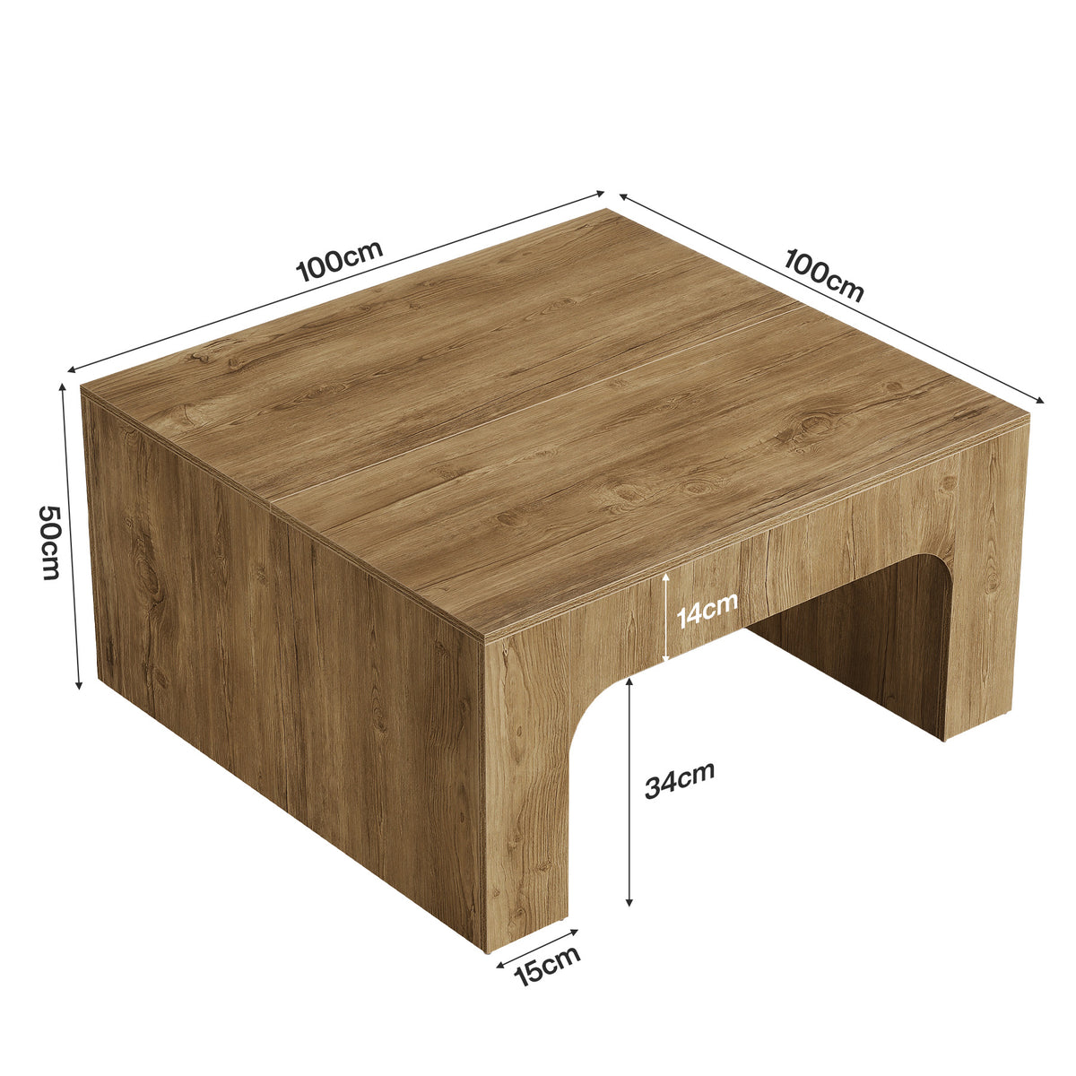 Tavolino da Salotto Quadrato Country in Legno con Design Curvato, 100 x 100 cm, per Soggiorno