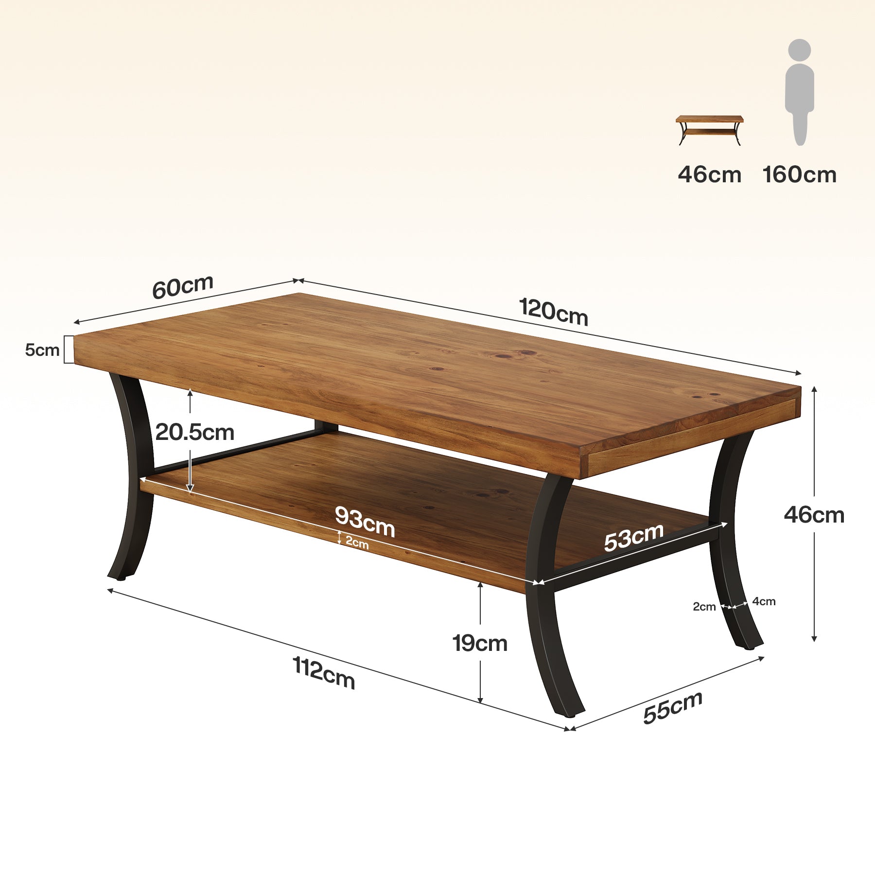 Tavolino da Salotto Rettangolare in Legno Massello a 2 Ripiani con Gambe Curve in Metallo, 120 cm