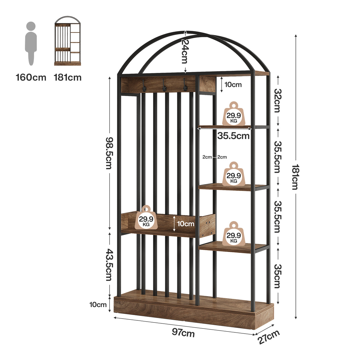 Scaffale Divisorio in Legno e Metallo con Ripiani e Ganci, H 180 cm, per Soggiorno