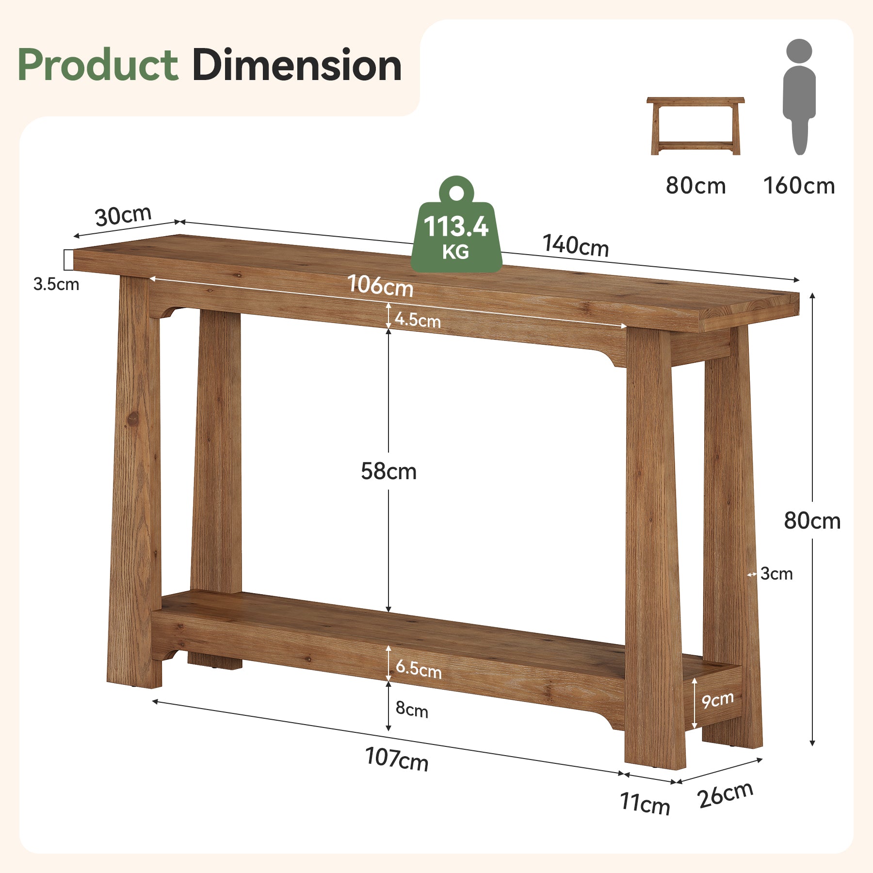Tribesigns Consolle in legno massello da 140 cm con ripiano, tavolo d'ingresso stretto in legno di abete