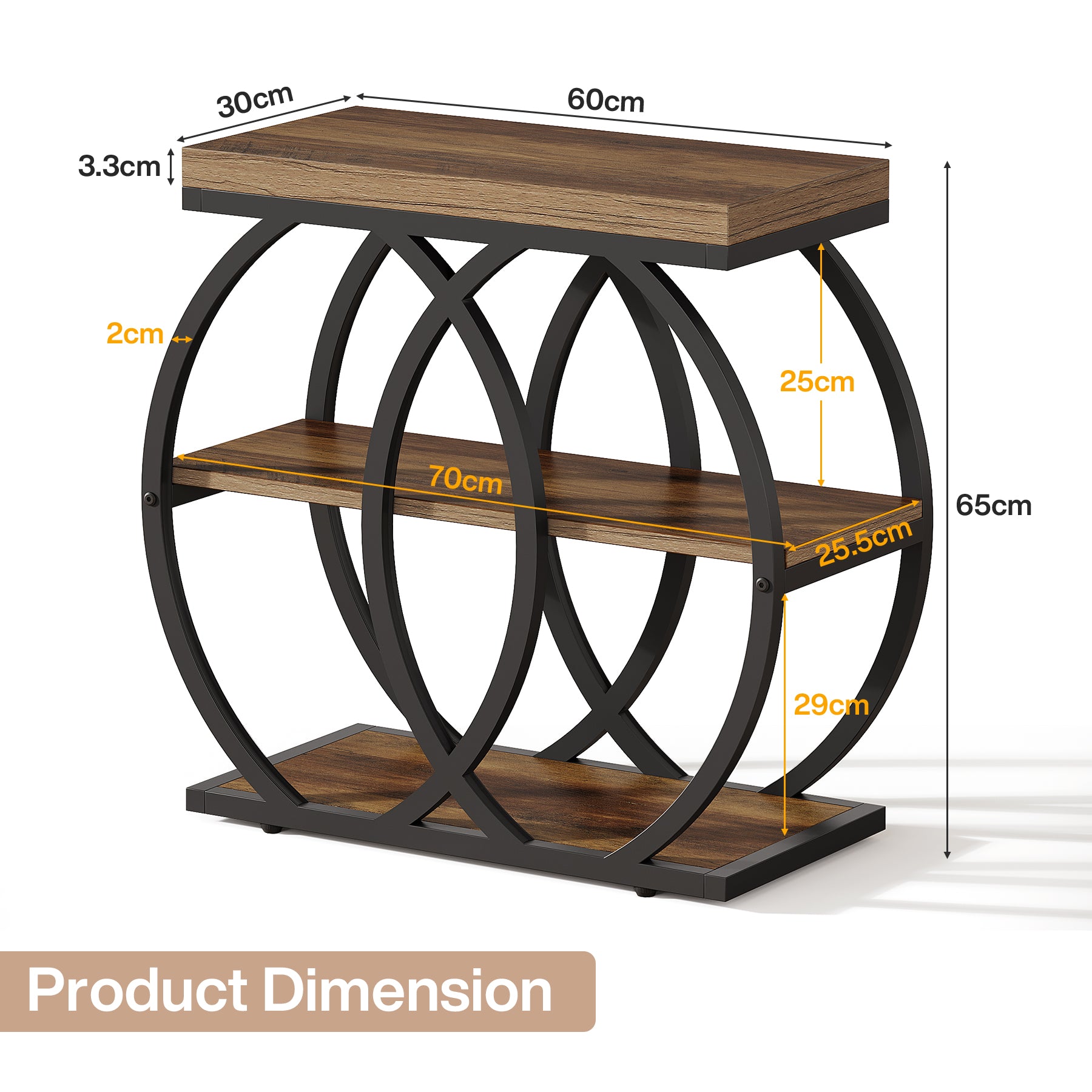 Tribesigns Tavolino laterale in legno da 60 cm, tavolino stretto in stile rustico a 3 ripiani