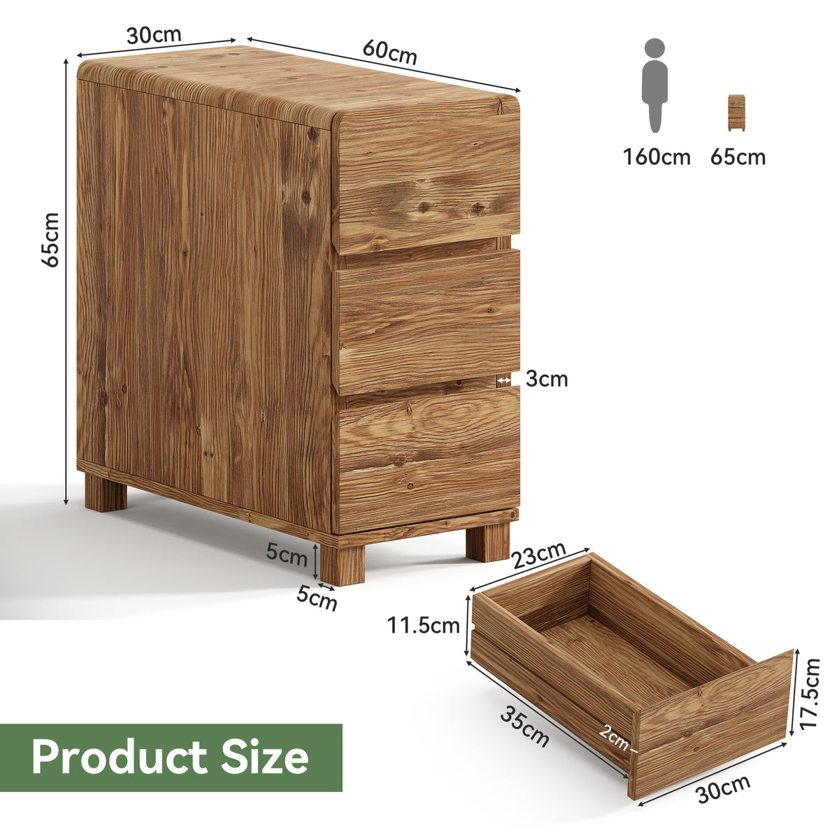 avolino Laterale Stretto in Legno Massello con 3 Cassetti, 60 cm, per Soggiorno