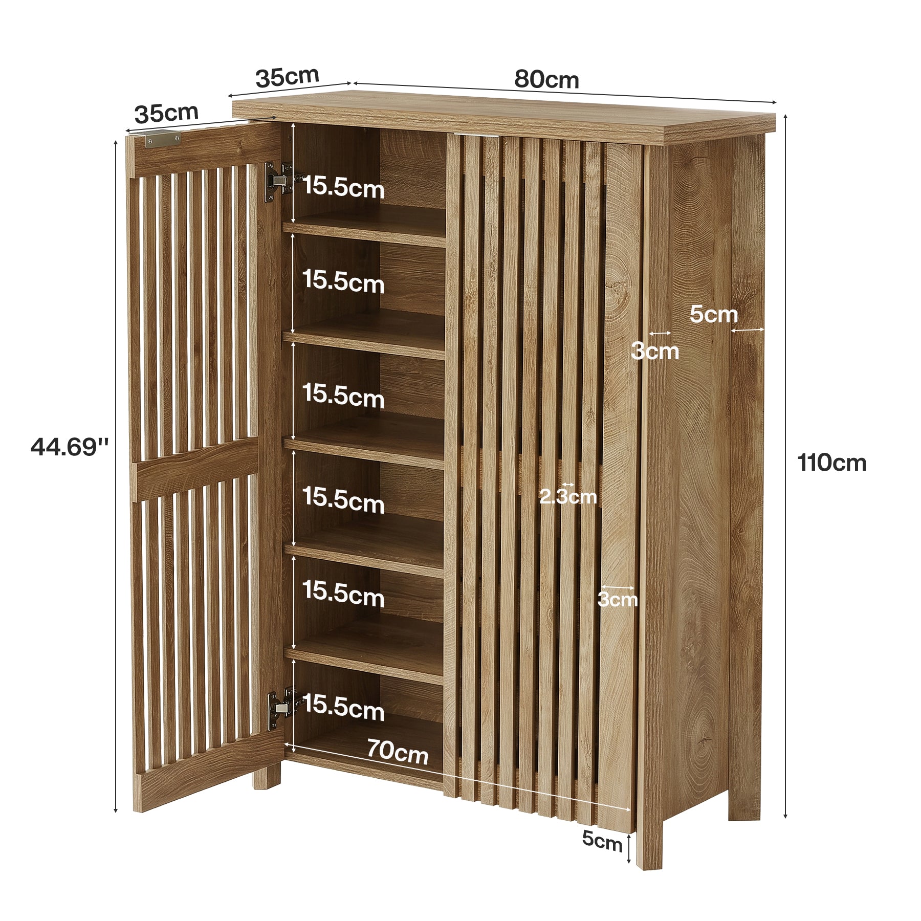 Scarpiera con 2 Ante a Listelli e 6 Ripiani, 80 x 35 x 111 cm, per Ingresso