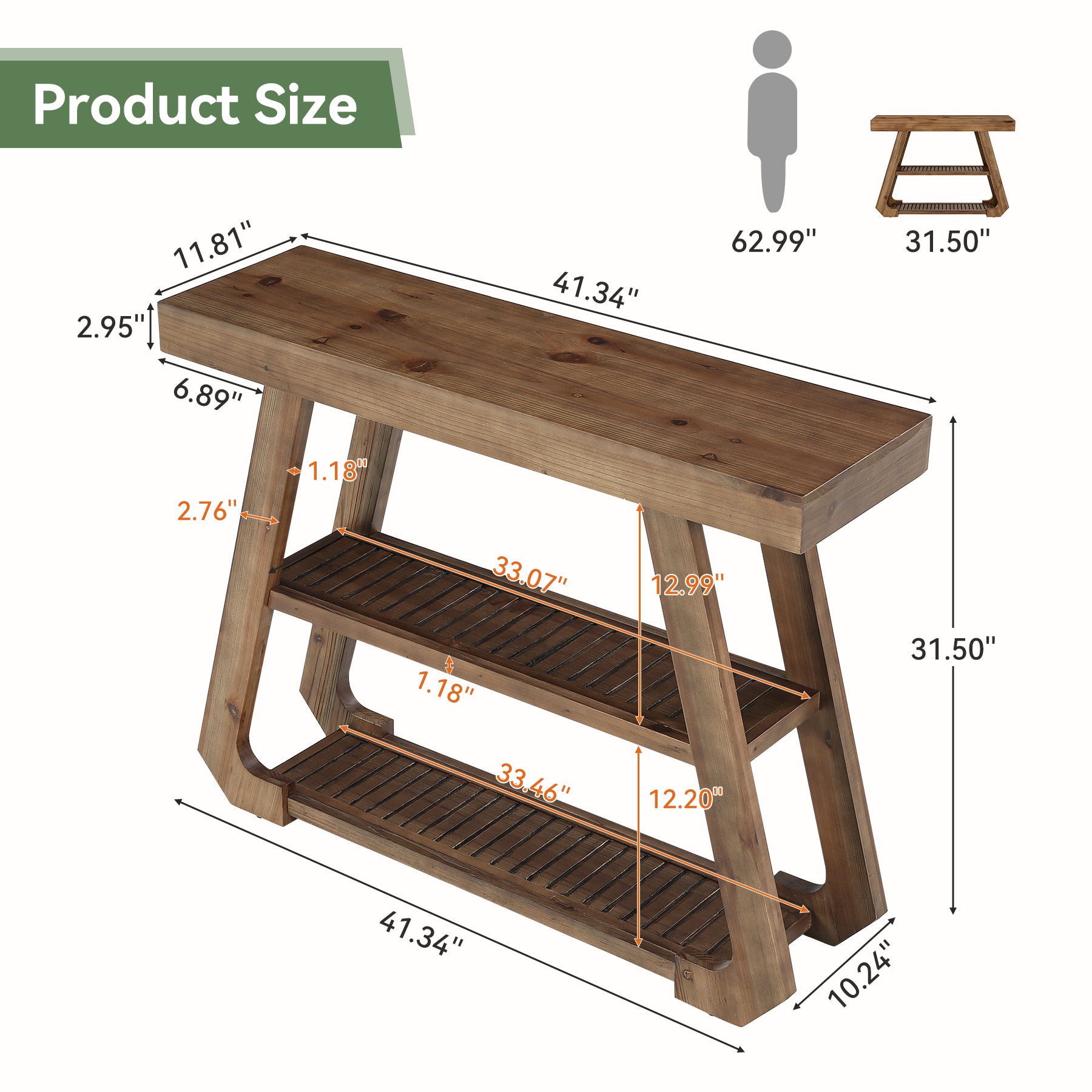 Consolle Country in Legno Massello a 3 Ripiani con Piedi ad A, 105 cm, per Ingresso e Soggiorno