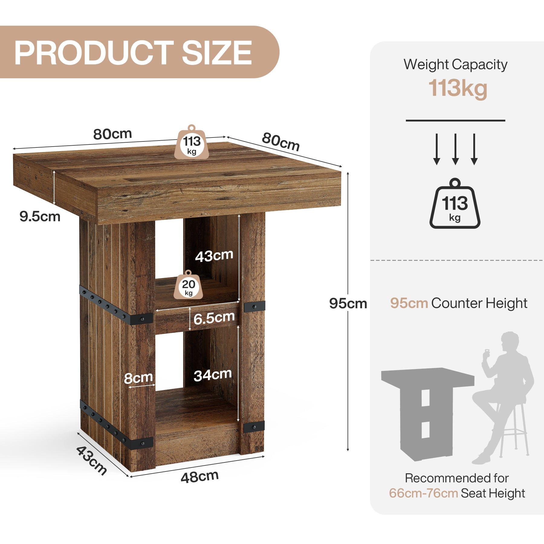 Tavolo da Bar Alto Industriale a 80 x 80 cm con Vano Contenitore, H 95 cm, per Cucina