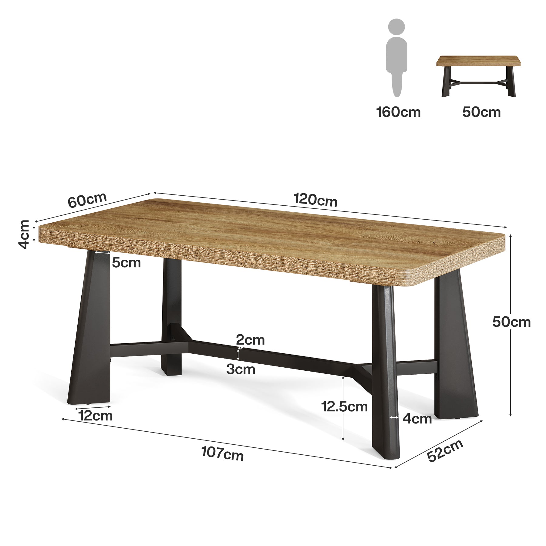 Tavolino da Salotto Rettangolare con Struttura in Metallo, 120 x 60 cm, per Soggiorno