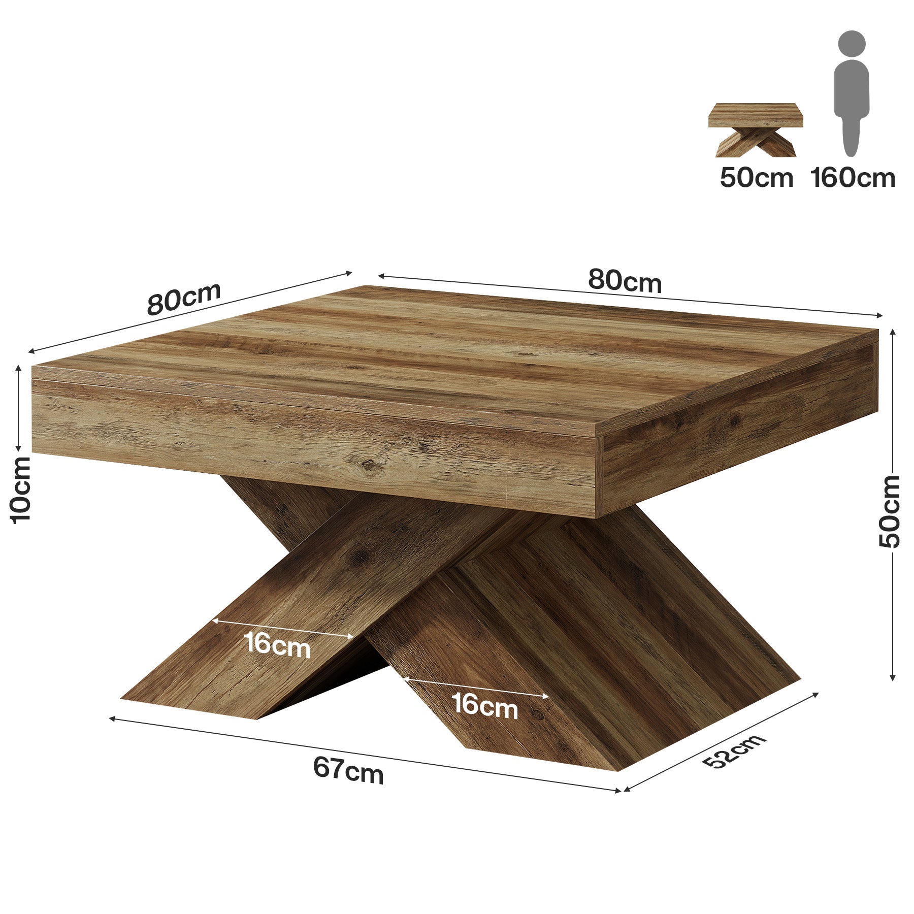 Tribesigns Tavolino quadrato da 80 cm, tavolino rustico per piccoli spazi con base a X