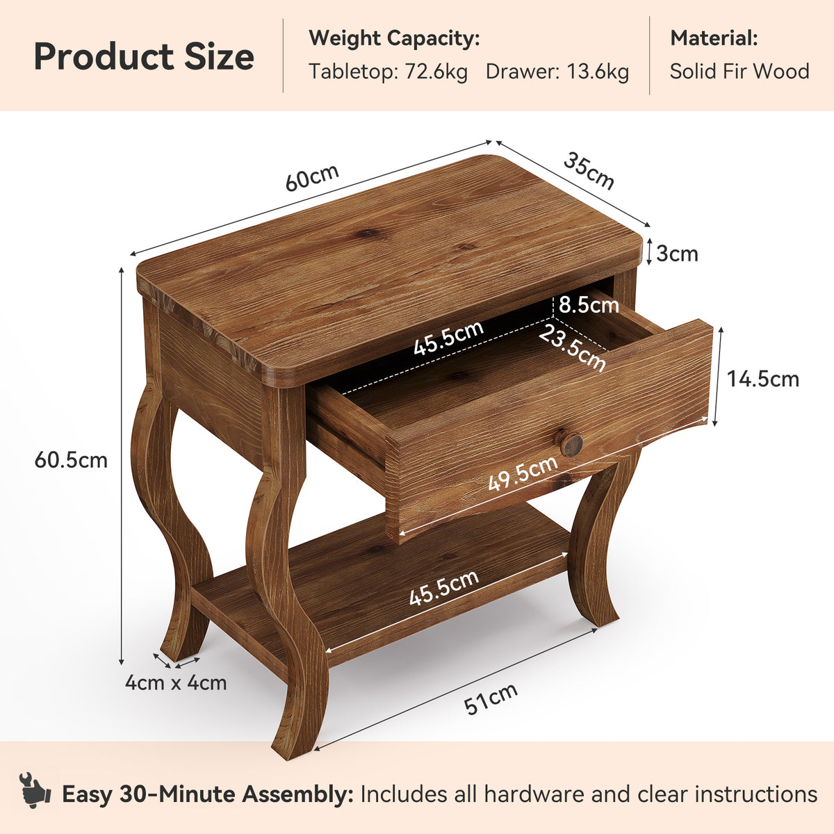 Tavolino Laterale Alto Rustico in Legno Massello con Cassetto, 60 cm, per Soggiorno