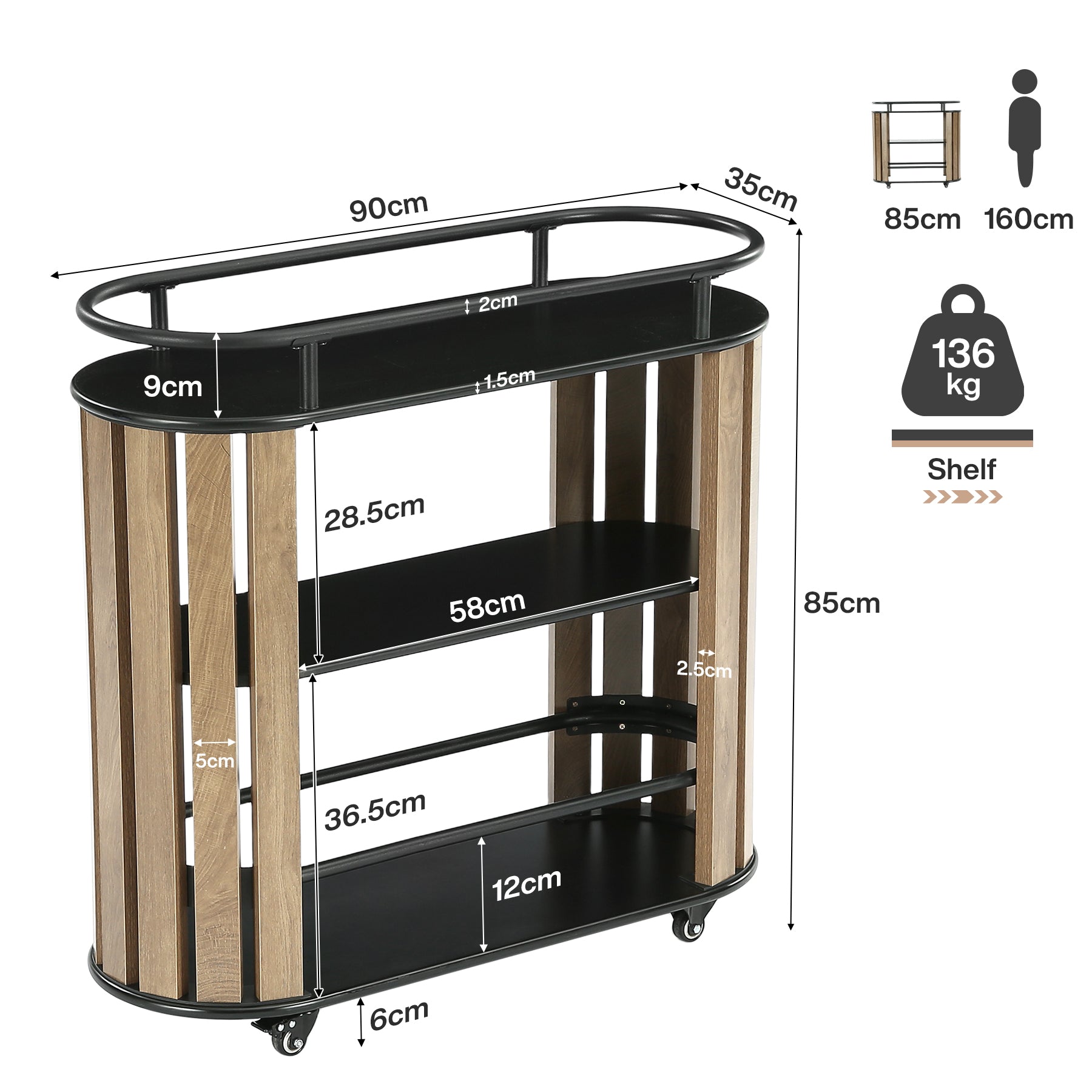 Tribesigns Carrello di servizio a 3 ripiani con ruote, carrello bar mobile con vano portaoggetti