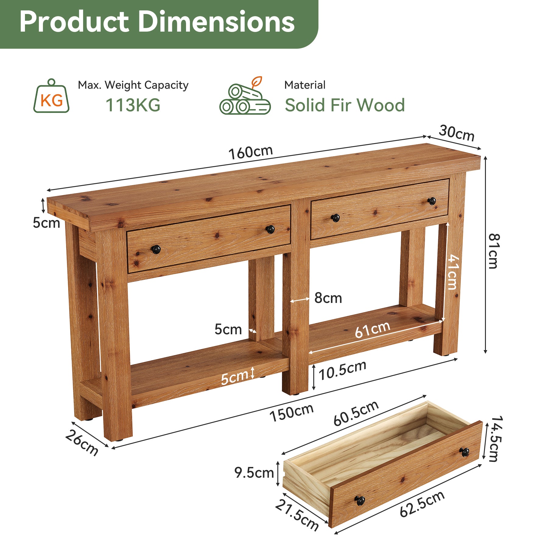 Consolle Country in Legno Massello con 2 Cassetti e Ripiano, 160 cm, per Ingresso e Soggiorno