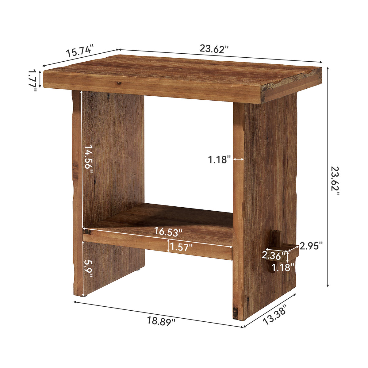 Tavolino Laterale Country in Legno Massello a 2 Ripiani, 60 cm, per Camera da Letto
