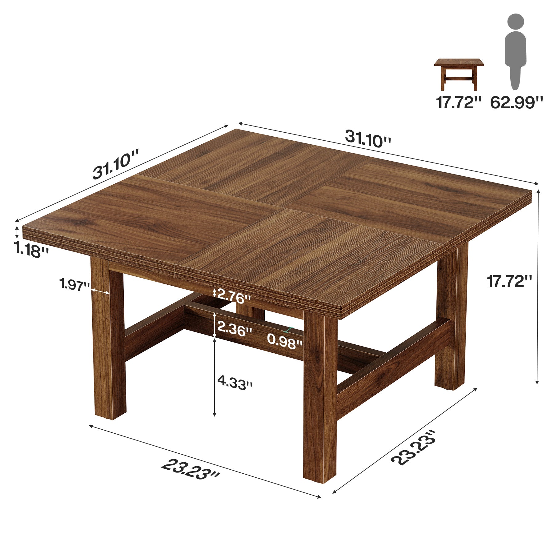 Tribesigns Tavolino quadrato da 79 cm, tavolo da soggiorno con gambe robuste e ampio piano
