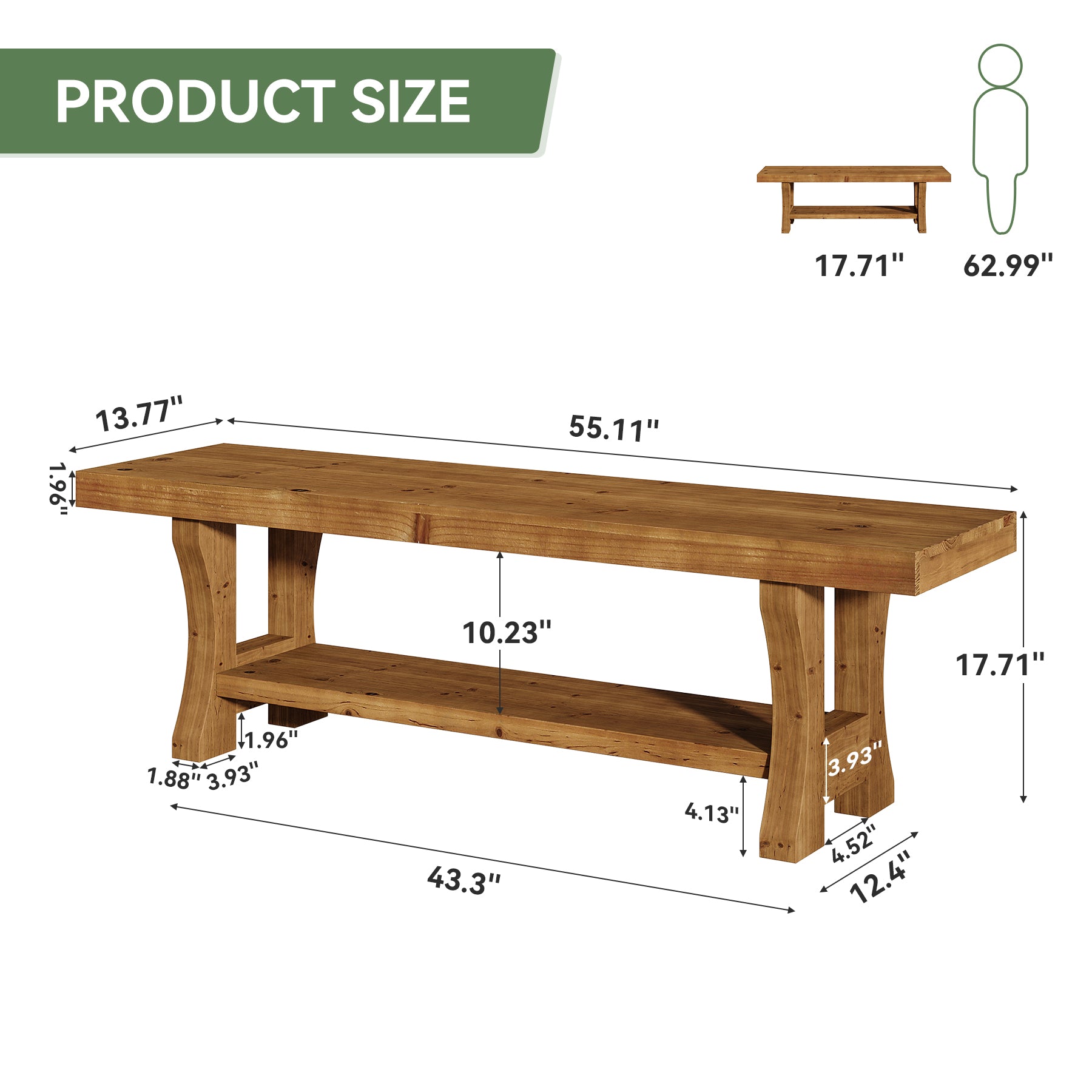 Tribesigns Panca in legno massello da 140 cm, lunga panca in stile rustico con vano portaoggetti