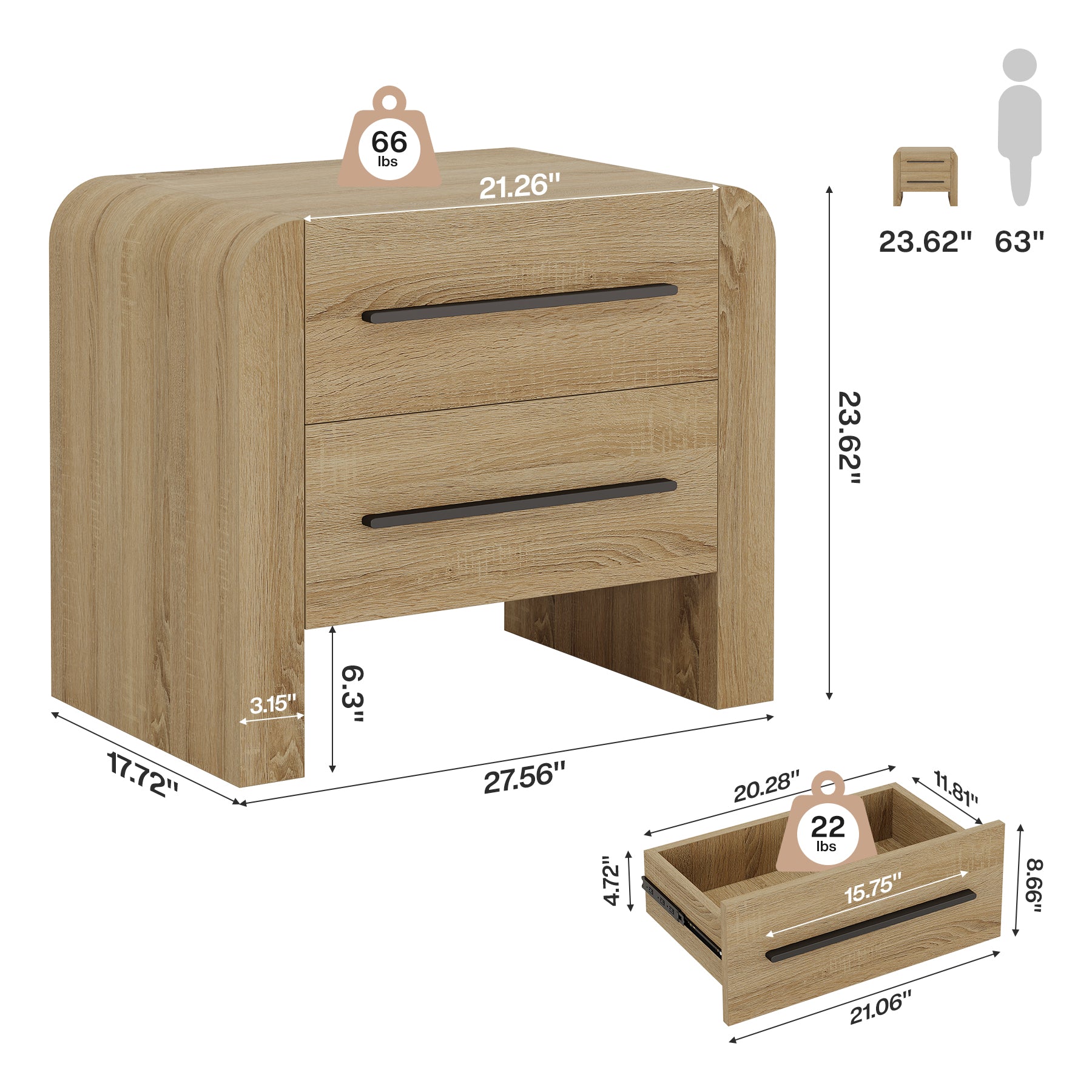 Comodino Moderno con 2 Cassetti e Vano Contenitore, H 70 cm, per Camera da Letto