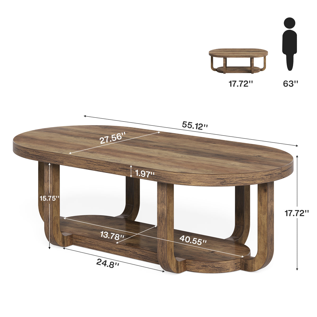 Tavolino da Salotto Ovale a 2 Ripiani con Gambe Curve, 140 cm, per Soggiorno