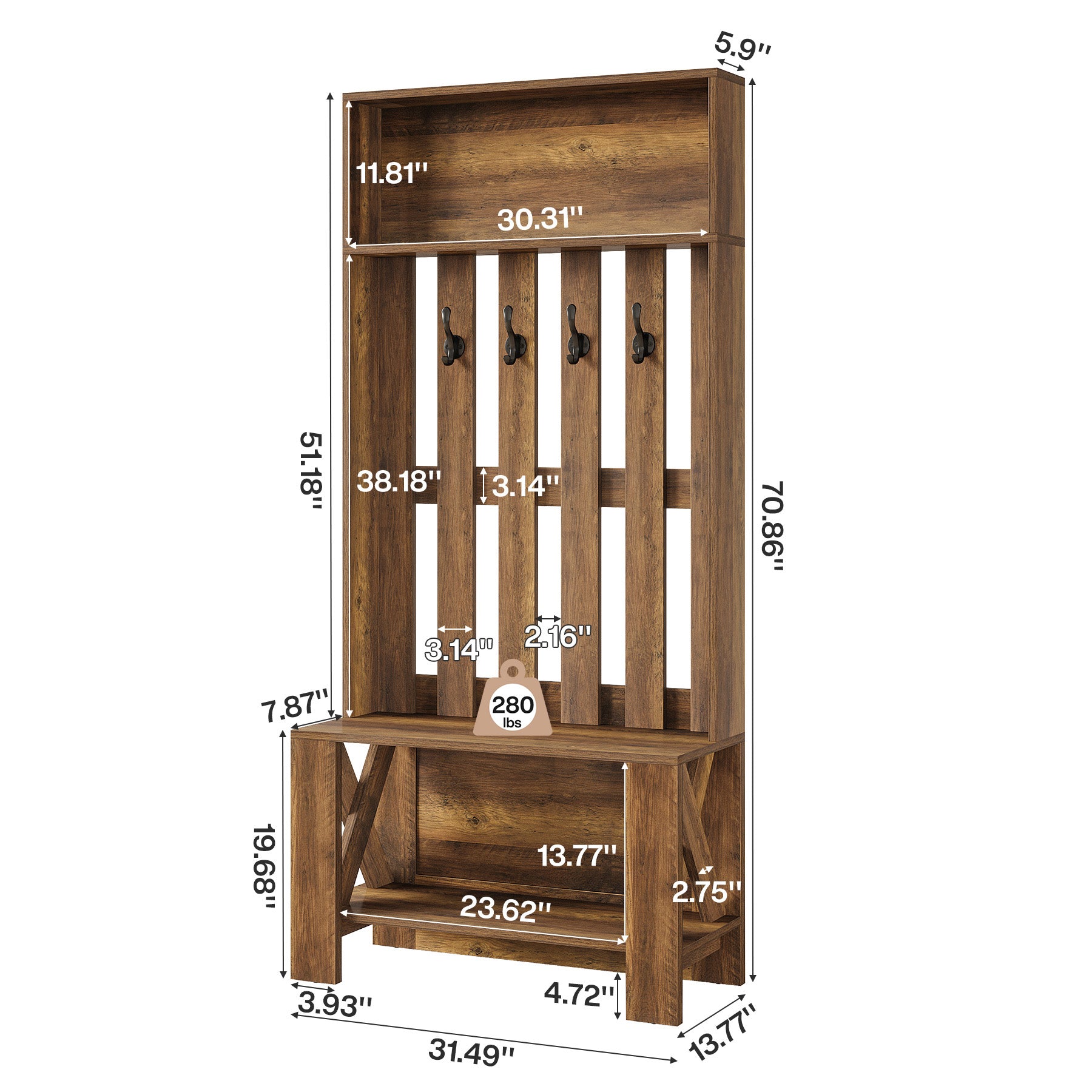 Tribesigns Mobile da ingresso da 180 cm con panca, appendiabiti stretto con ganci per ingresso