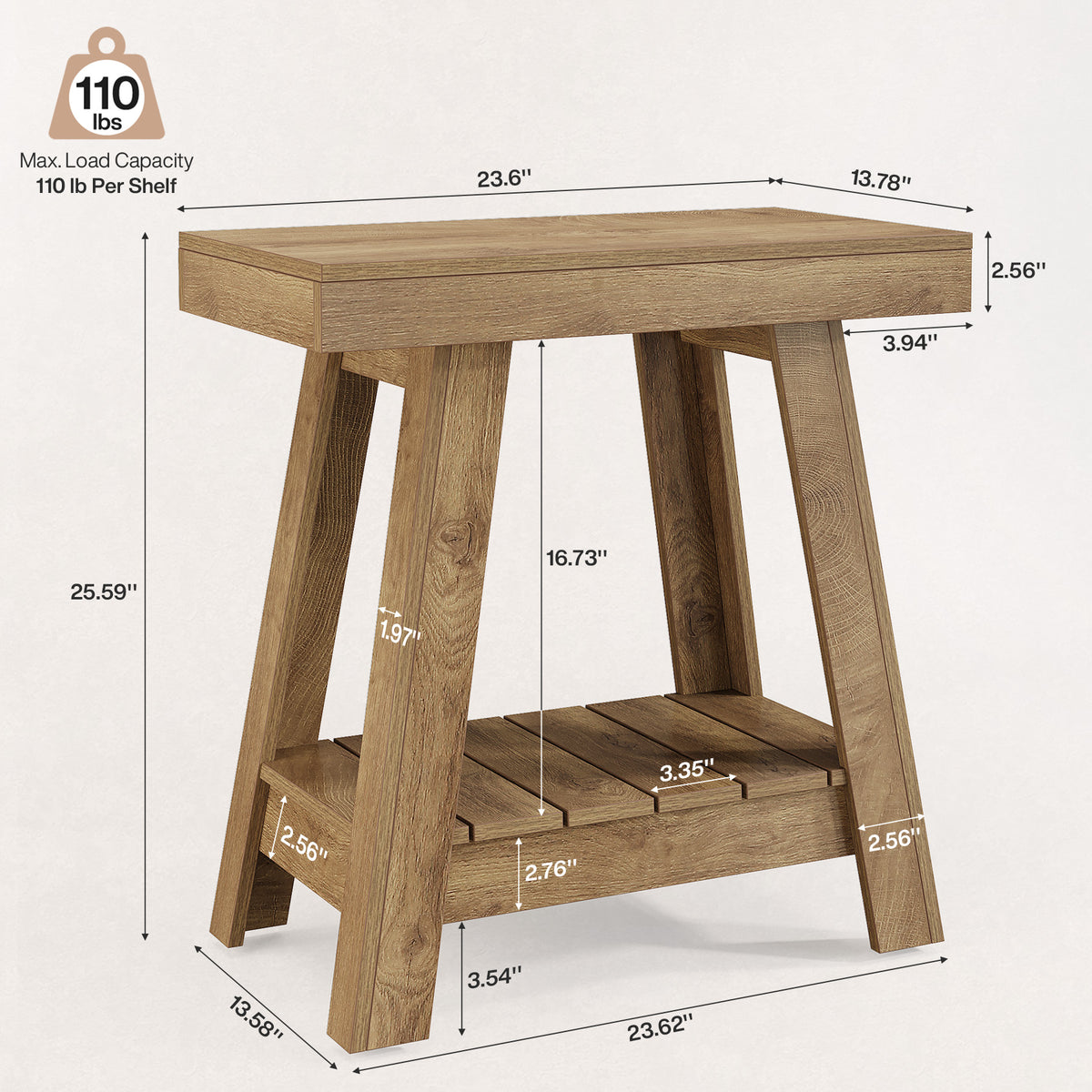 Tavolino Laterale Country a 2 Ripiani con Base Trapezoidale, 60 cm, per Soggiorno