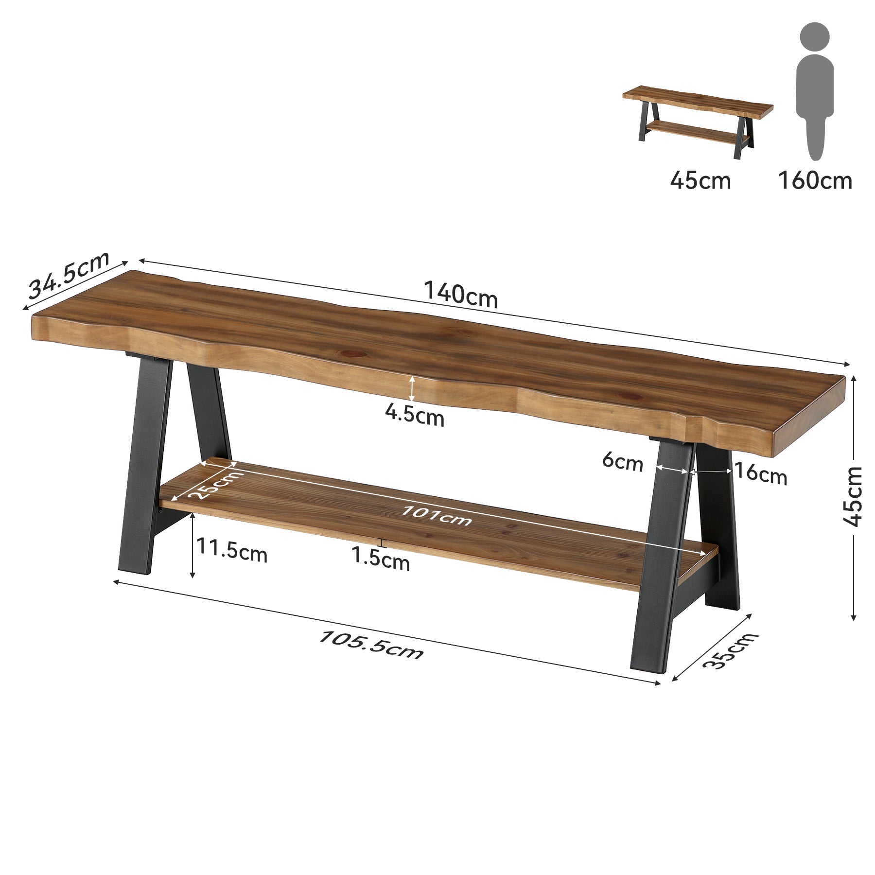 Panca Portascarpe in Legno Massello con Bordo Vivo e 2 Ripiani, 160 cm, per Ingresso