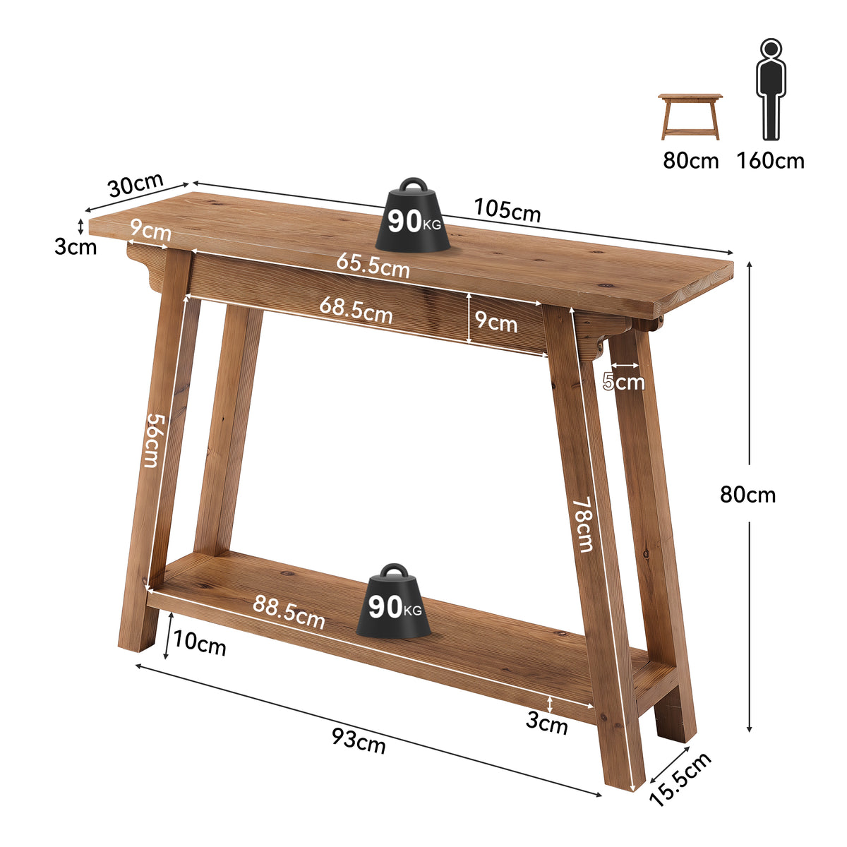 Consolle Country in Legno Massello a 2 Ripiani con Piedi ad A, 105 cm, per Ingresso