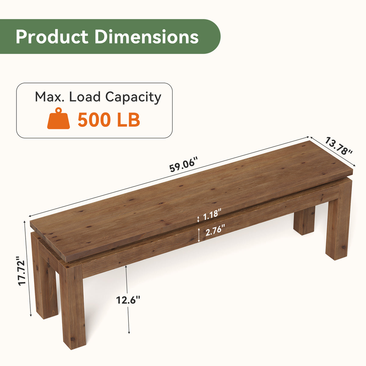Panca Country in Legno Massello con Gambe a Blocco, 150 cm, per Sala da Pranzo