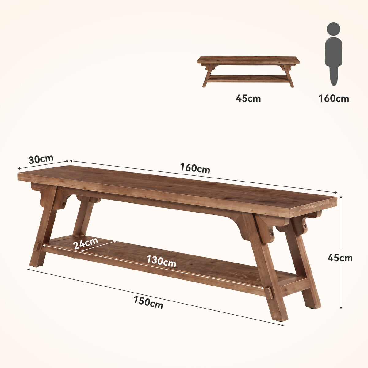 Panca in Legno Massello a 2 Ripiani, 160 cm, per Ingresso e Camera da Letto