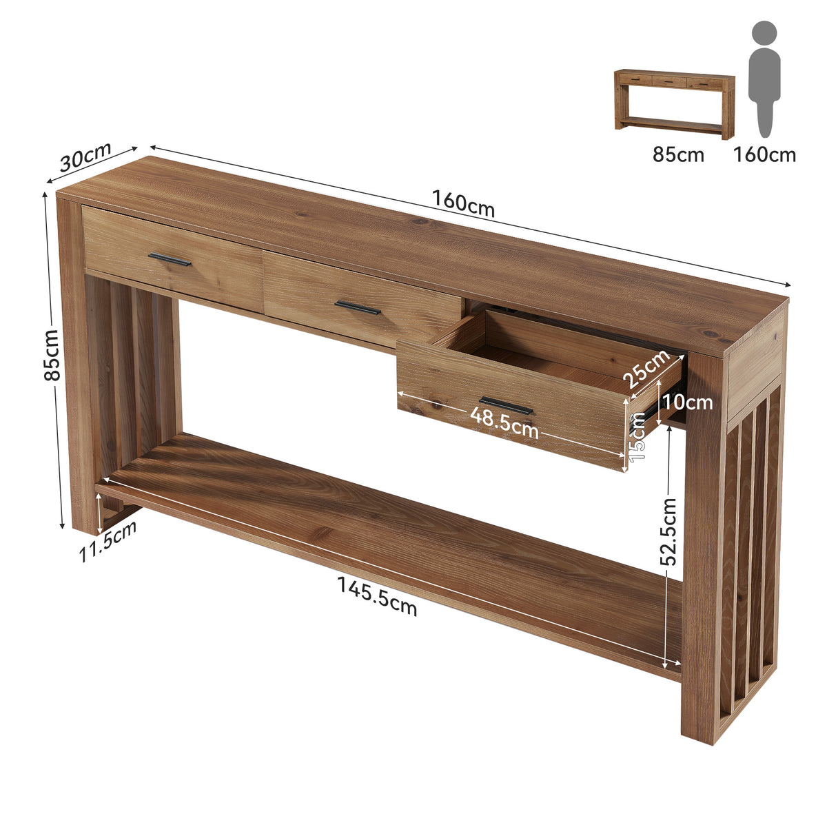 Consolle Stretta Country in Legno Massello con 3 Cassetti e 2 Ripiani, 160 cm