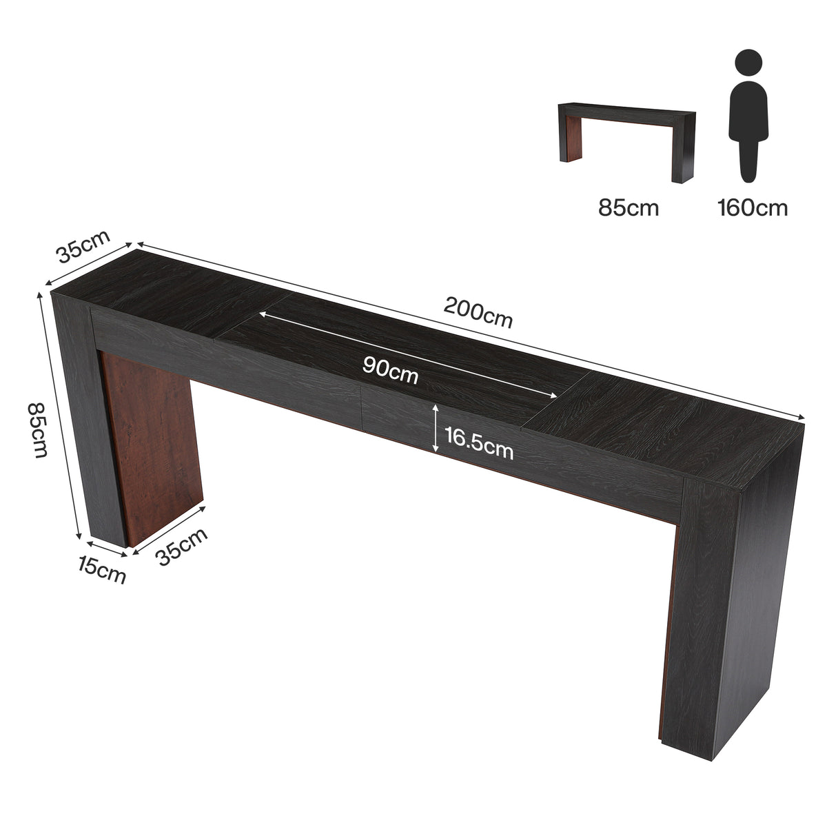 Consolle Bicolore Marrone e Nero, 200 cm, per Ingresso