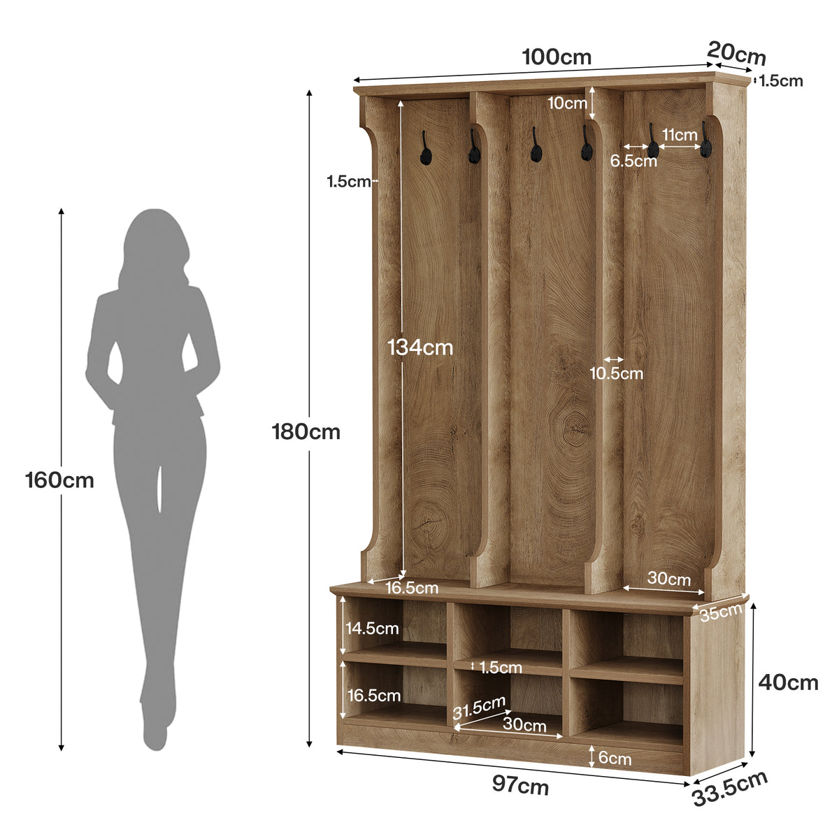 Mobile da Ingresso 3 in 1 con Appendiabiti e Panca Portascarpe, H 180 cm