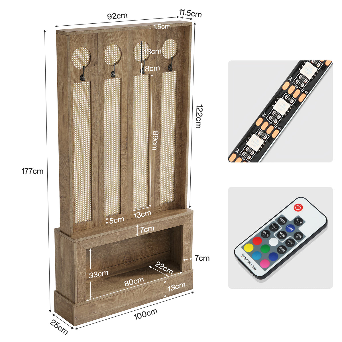 Divisorio in Rattan con Luce LED, Ripiani e 4 Ganci, 177 cm, per Soggiorno
