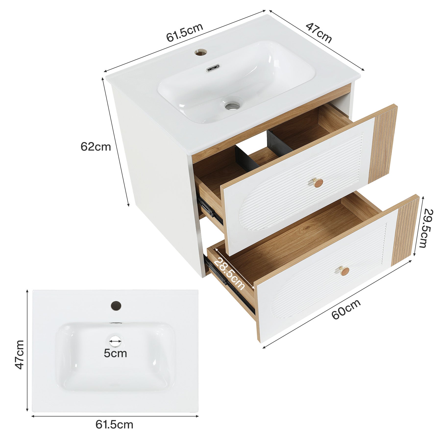 Tribesigns Mobile bagno con lavabo in ceramica da 60 cm, bianco, sospeso, 2 cassetti