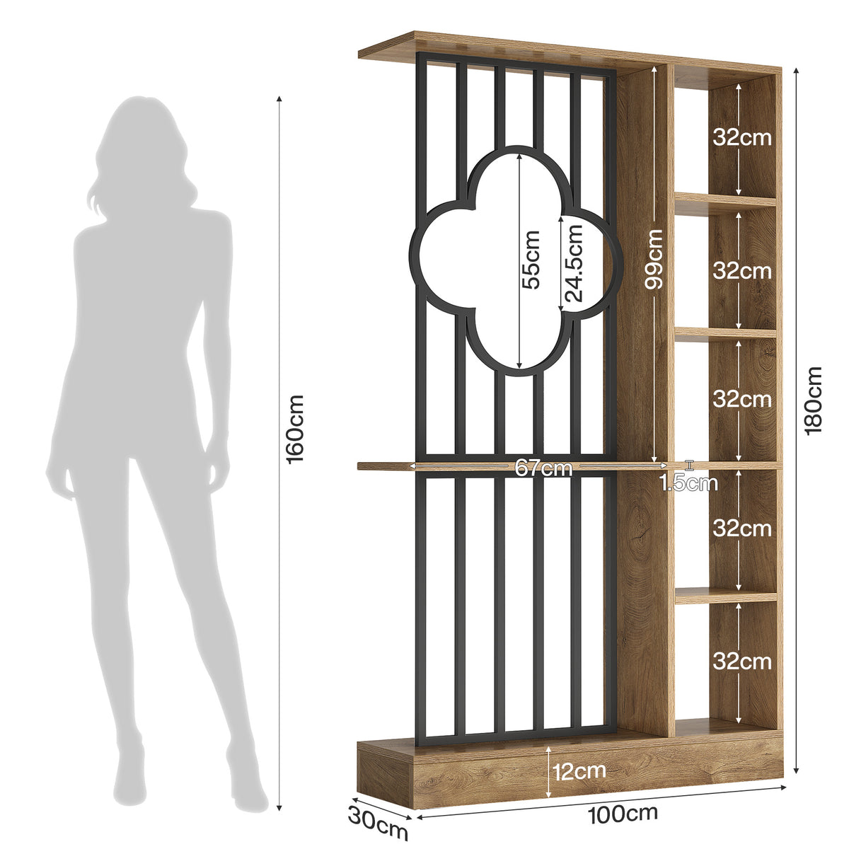 Scaffale Divisorio Autoportante con Ripiani Aperti, H 180 cm, per Soggiorno