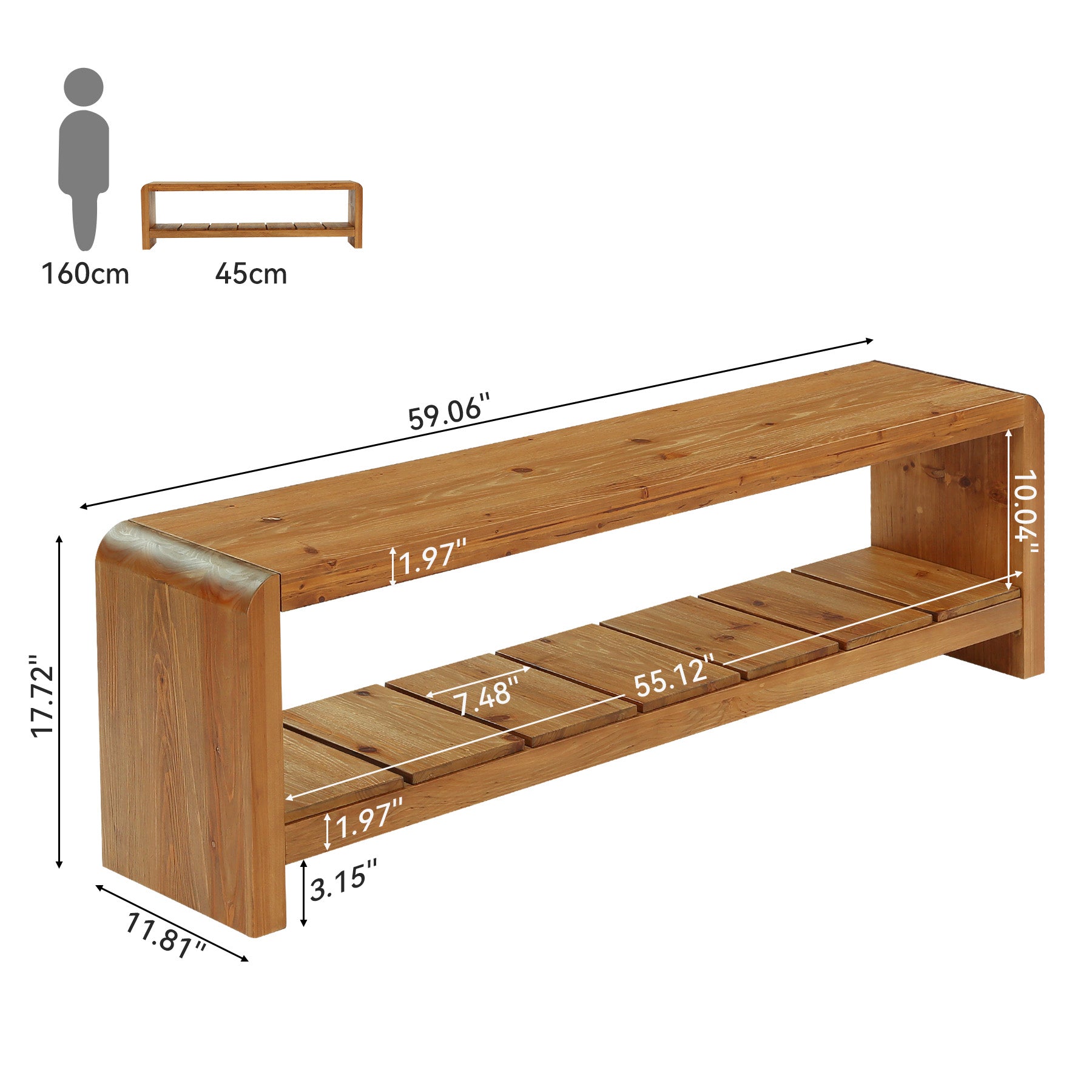 Panca Portascarpe in Legno Massello con Vano Aperto, 150 cm, per Ingresso e Corridoio