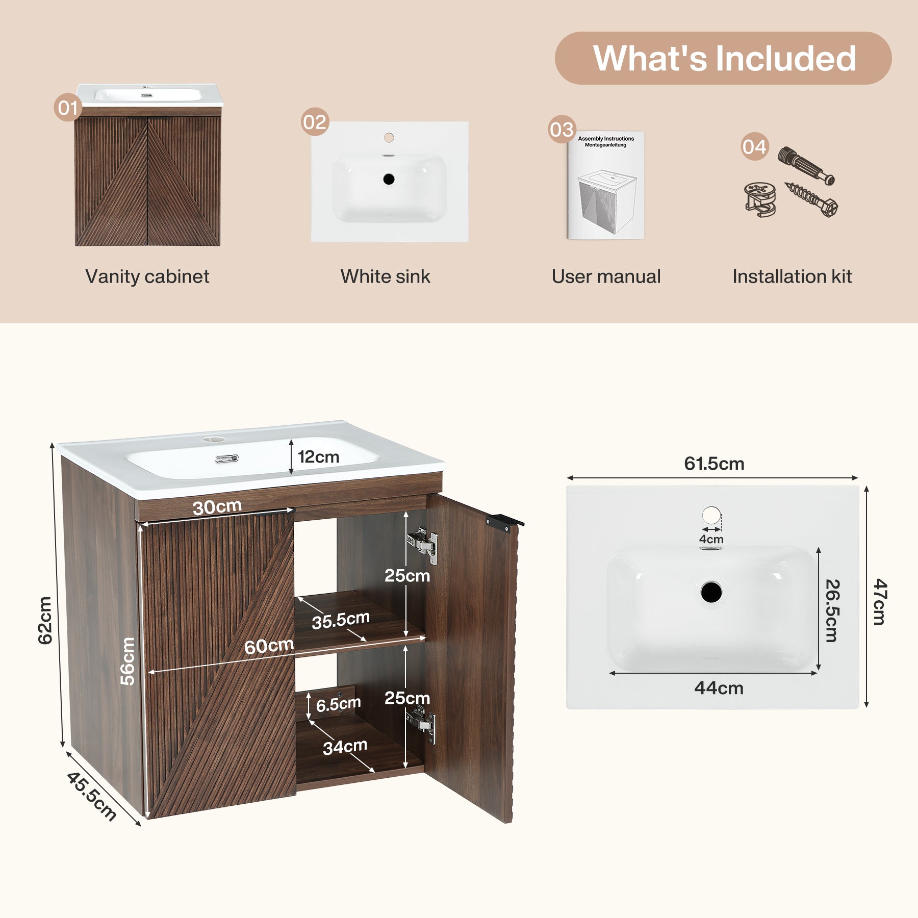 Tribesigns Mobile Bagno Sospeso con Lavabo in Ceramica, 60 cm