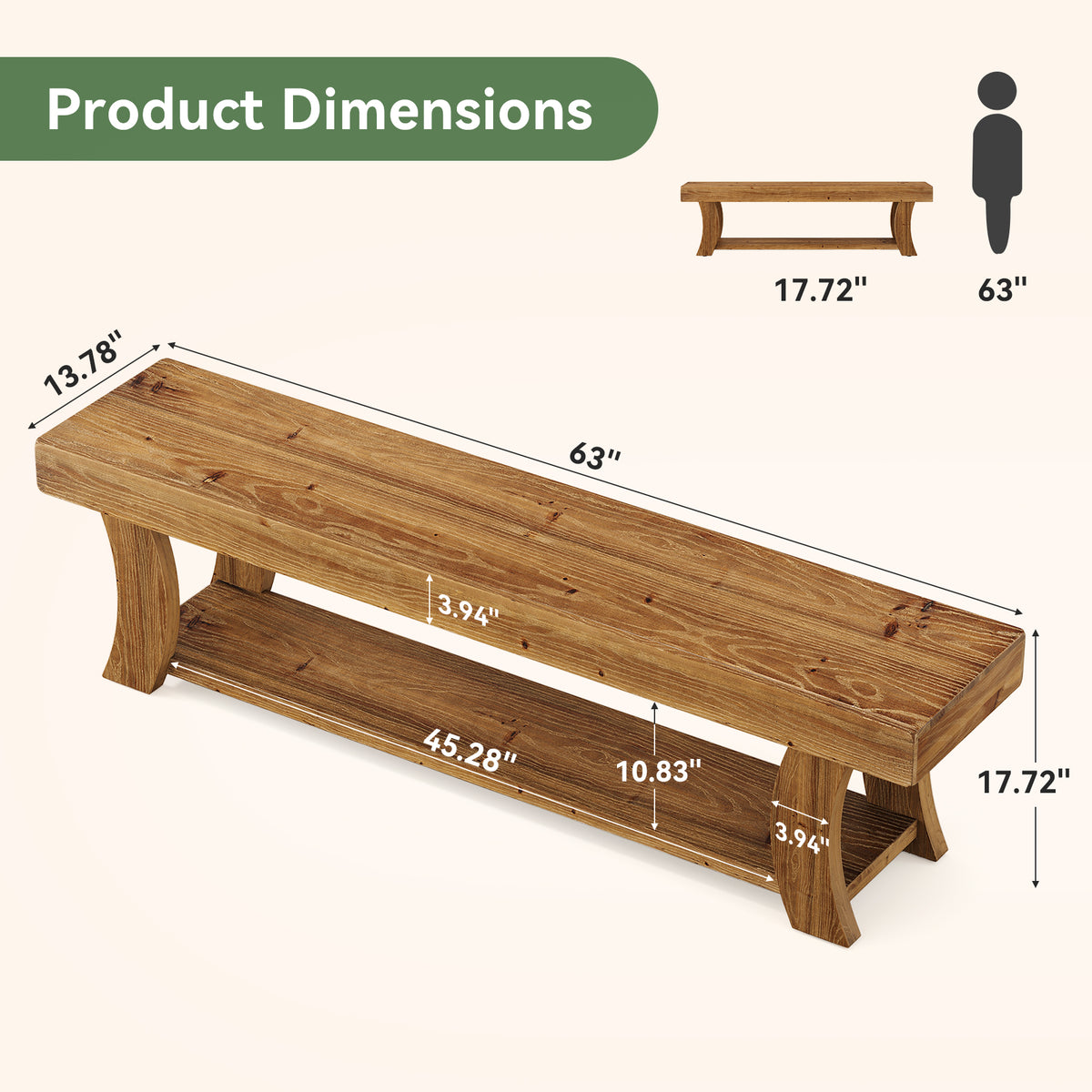 Panca Country in Abete Massello con Gambe Curve, 160 cm, per Ingresso