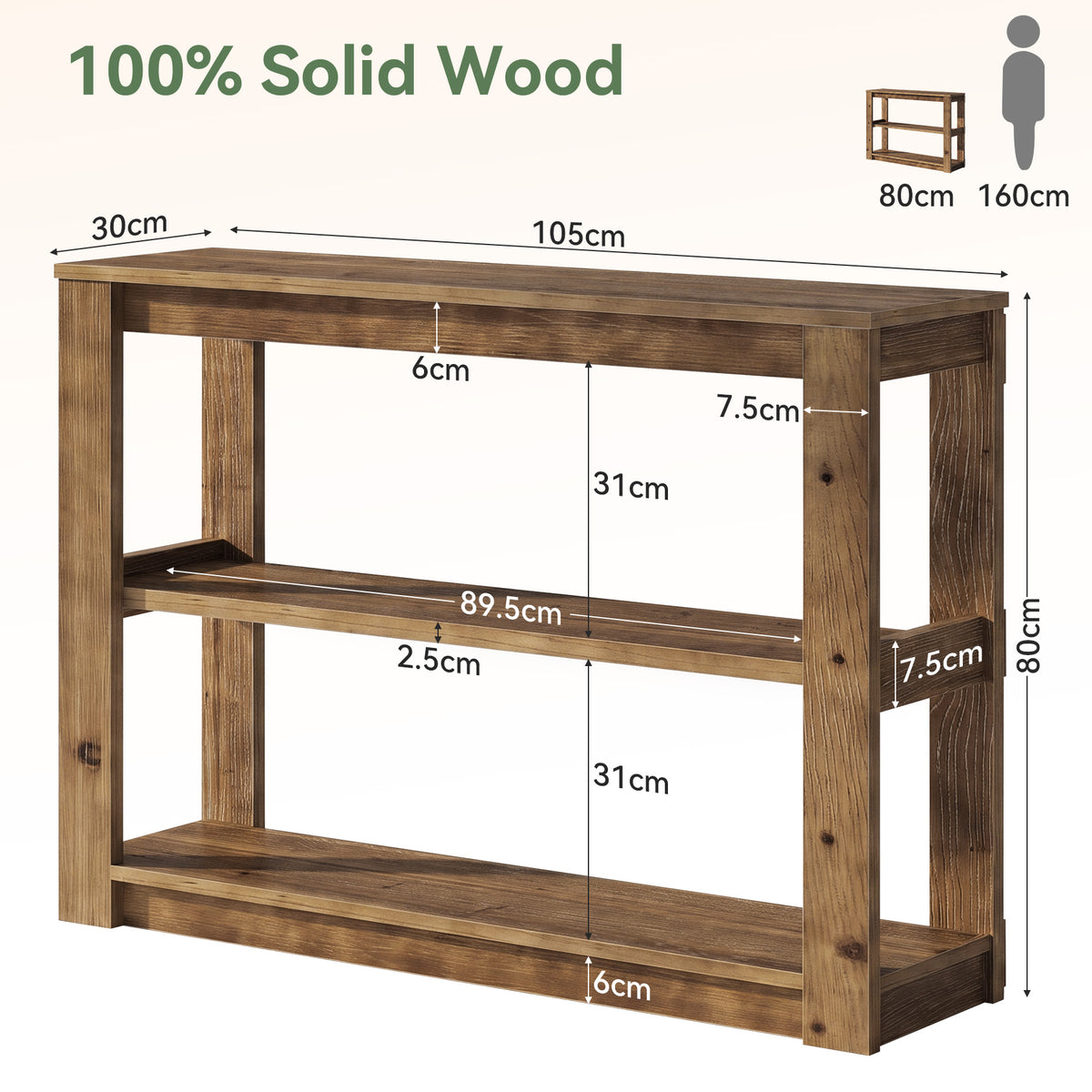 Consolle Country in Legno Massello a 3 Ripiani, 105 cm, per Ingresso