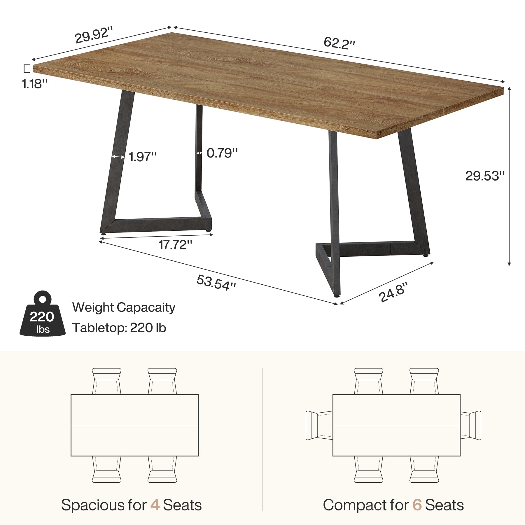 Tribesigns Tavolo da pranzo da 158 cm, tavolo da cucina rettangolare con struttura in metallo
