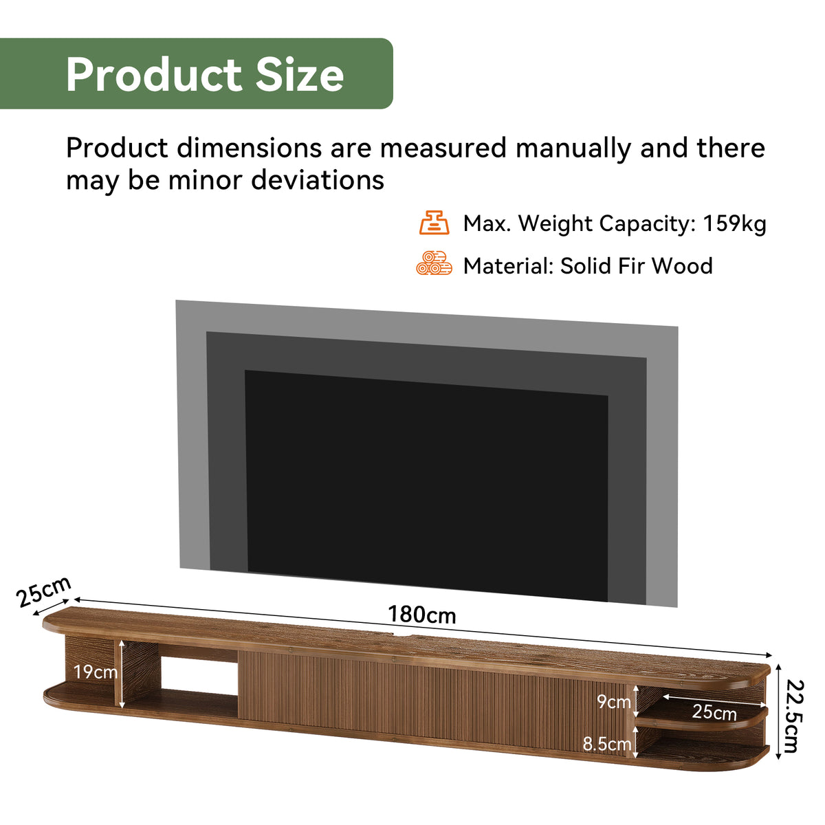 Mobile TV Sospeso in Legno Massello con Ante Scanalate, 180 cm, per TV fino a 90"