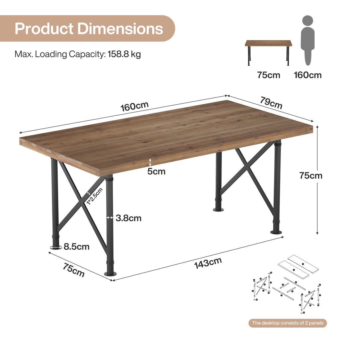 Scrivania Industriale in Legno Massello con Gambe a X in Metallo, 160 cm