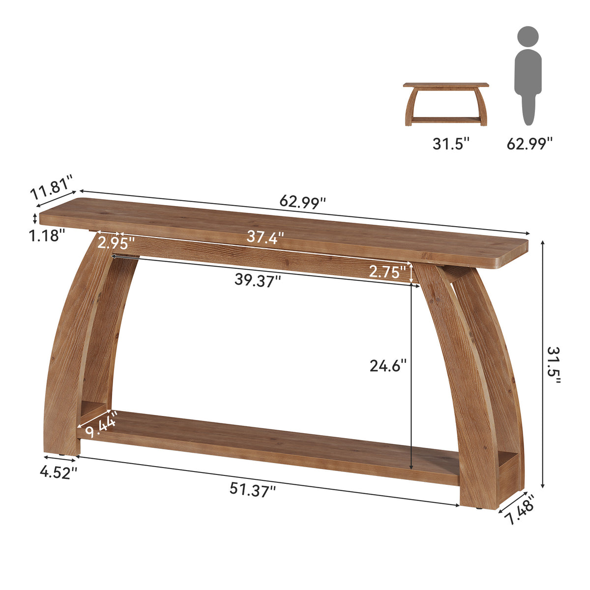 Consolle in Legno Massello a 2 Ripiani con Gambe ad Arco, 160 cm, per Ingresso