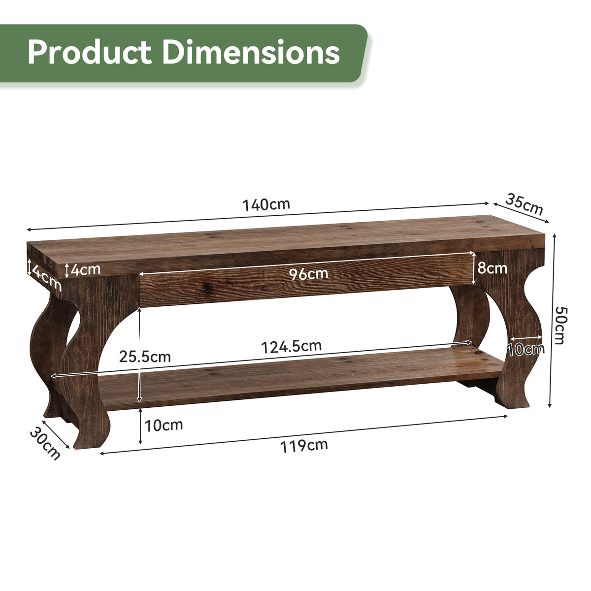 Panca Country in Legno Massello a 2 Ripiani, 140 cm, per Ingresso