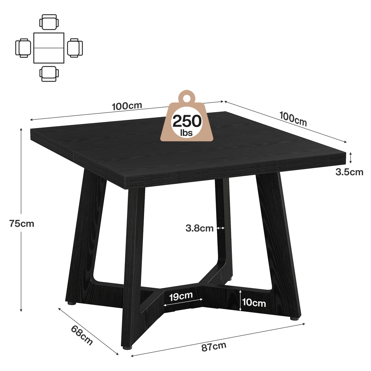 Tavolo da Pranzo Quadrato Moderno con Struttura Nera, 100 x 100 cm, per 2-4 Persone