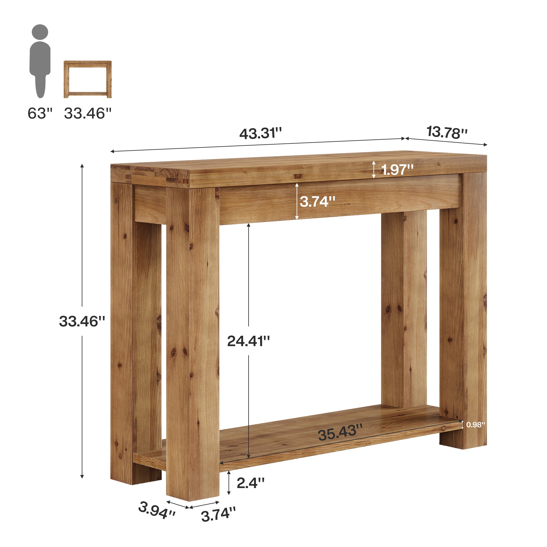 Tribesigns Consolle Ingresso da 110 cm, Tavolo Consolle in Legno Massello con Ripiano a 2 Livelli