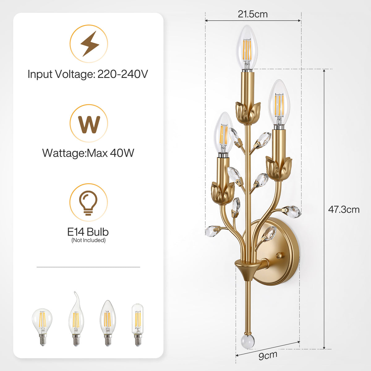 Applique da Interno con Attacco E14, Lampadina Non Inclusa
